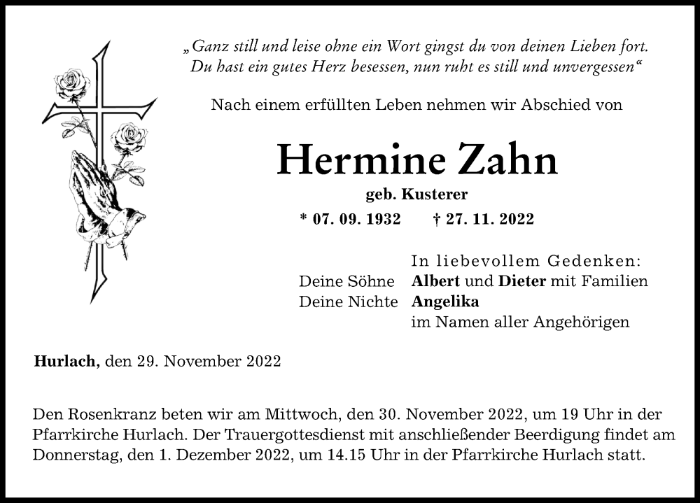  Traueranzeige für Hermine Zahn vom 29.11.2022 aus Landsberger Tagblatt