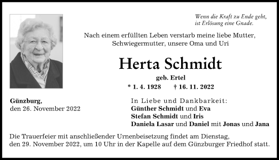 Traueranzeige von Herta Schmidt von Günzburger Zeitung