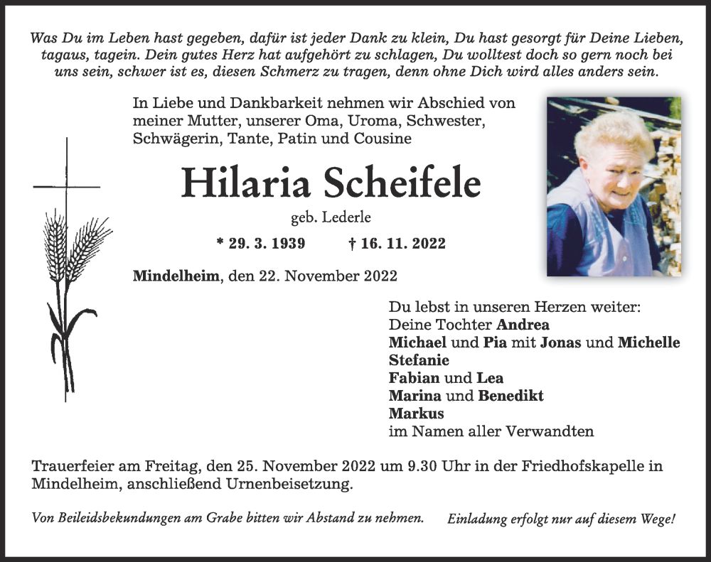  Traueranzeige für Hilaria Scheifele vom 22.11.2022 aus Mindelheimer Zeitung