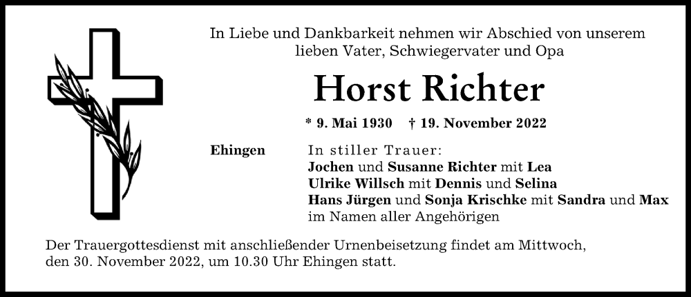 Traueranzeige von Horst Richter von Augsburg-Land