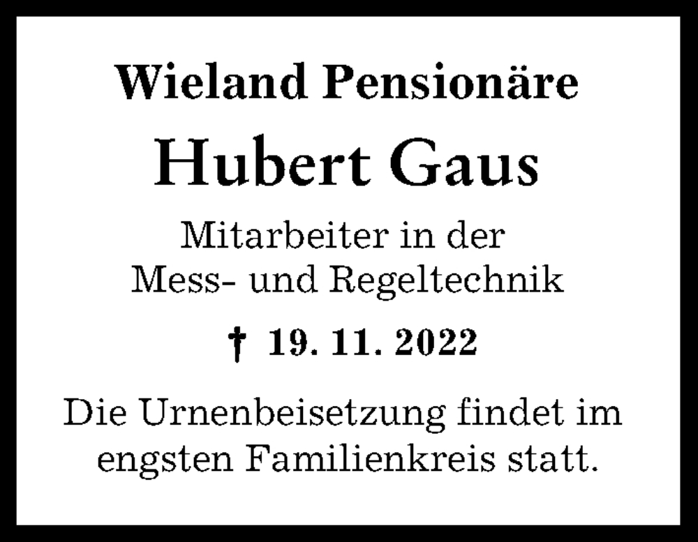  Traueranzeige für Hubert Gaus vom 28.11.2022 aus Neu-Ulmer Zeitung, Illertisser Zeitung