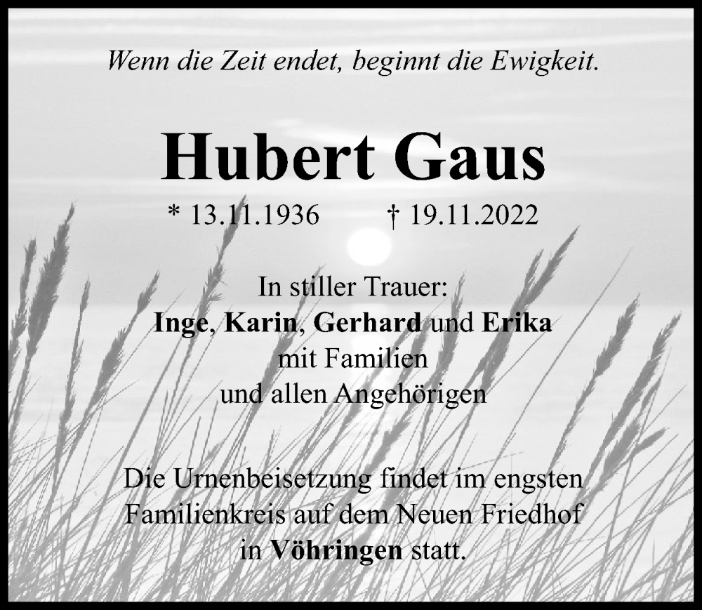  Traueranzeige für Hubert Gaus vom 24.11.2022 aus Illertisser Zeitung