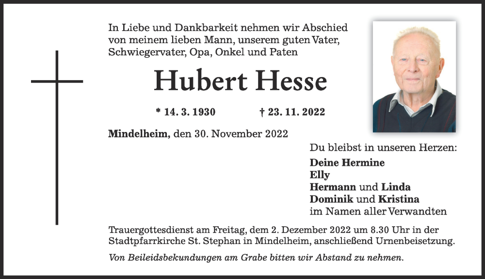 Traueranzeige von Hubert Hesse von Mindelheimer Zeitung