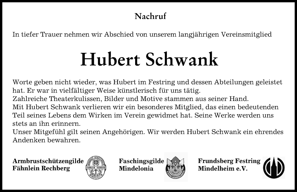 Traueranzeige von Hubert Schwank von Mindelheimer Zeitung