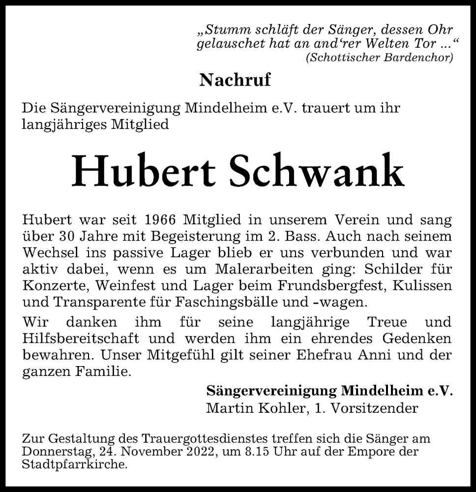  Traueranzeige für Hubert Schwank vom 24.11.2022 aus Mindelheimer Zeitung