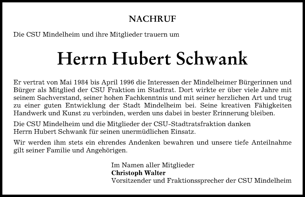  Traueranzeige für Hubert Schwank vom 26.11.2022 aus Mindelheimer Zeitung