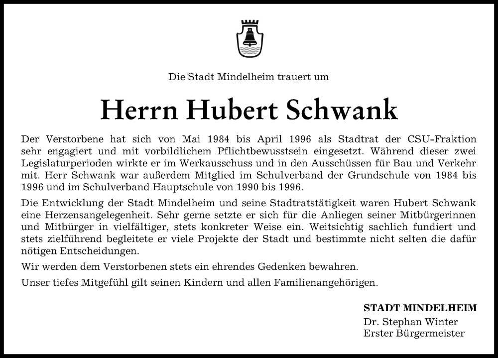  Traueranzeige für Hubert Schwank vom 25.11.2022 aus Mindelheimer Zeitung