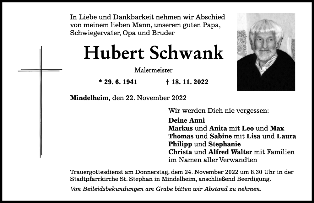  Traueranzeige für Hubert Schwank vom 22.11.2022 aus Mindelheimer Zeitung
