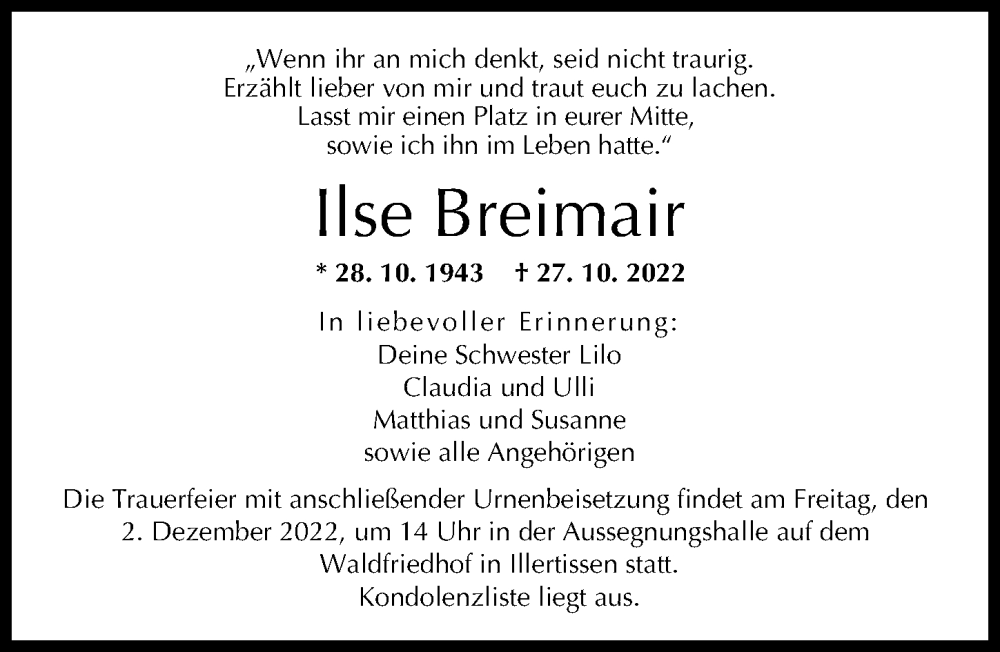  Traueranzeige für Ilse Breimair vom 30.11.2022 aus Illertisser Zeitung