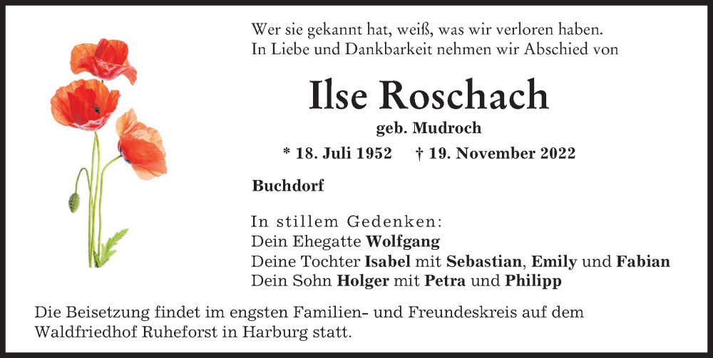  Traueranzeige für Ilse Roschach vom 21.11.2022 aus Donauwörther Zeitung