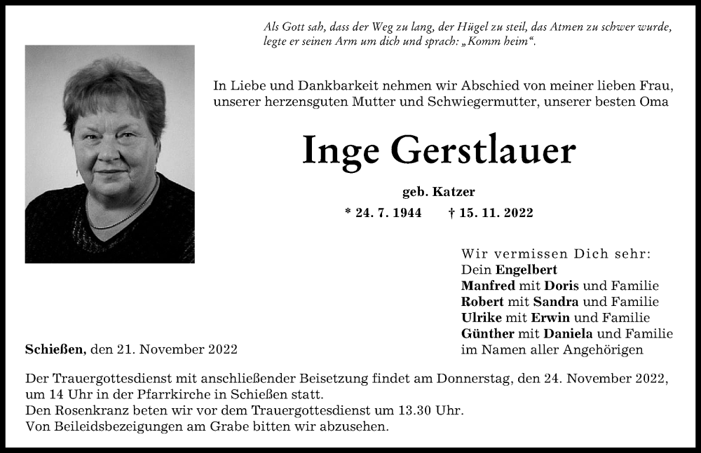 Traueranzeige für Inge Gerstlauer vom 21.11.2022 aus Neu-Ulmer Zeitung
