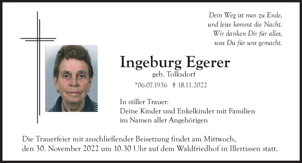  Traueranzeige für Ingeburg Egerer vom 28.11.2022 aus Illertisser Zeitung