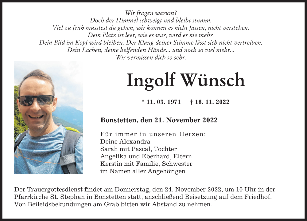  Traueranzeige für Ingolf Wünsch vom 21.11.2022 aus Augsburger Allgemeine
