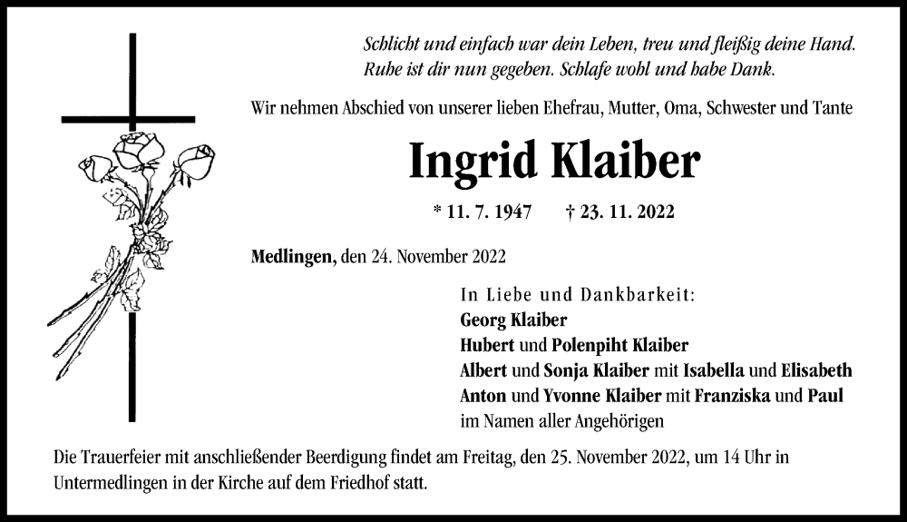  Traueranzeige für Ingrid Klaiber vom 24.11.2022 aus Donau Zeitung