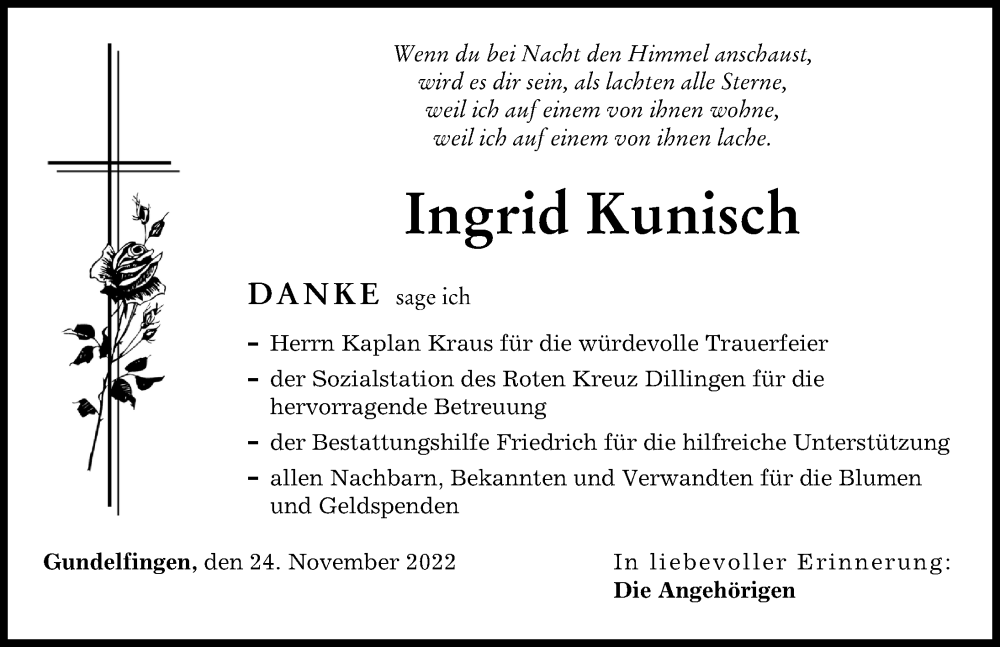  Traueranzeige für Ingrid Kunisch vom 25.11.2022 aus Donau Zeitung