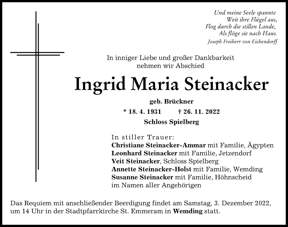 Traueranzeige von Ingrid Maria Steinacker von Donauwörther Zeitung