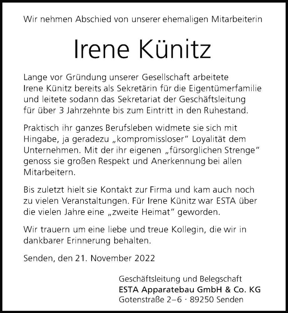  Traueranzeige für Irene Künitz vom 21.11.2022 aus Illertisser Zeitung, Günzburger Zeitung, Neu-Ulmer Zeitung