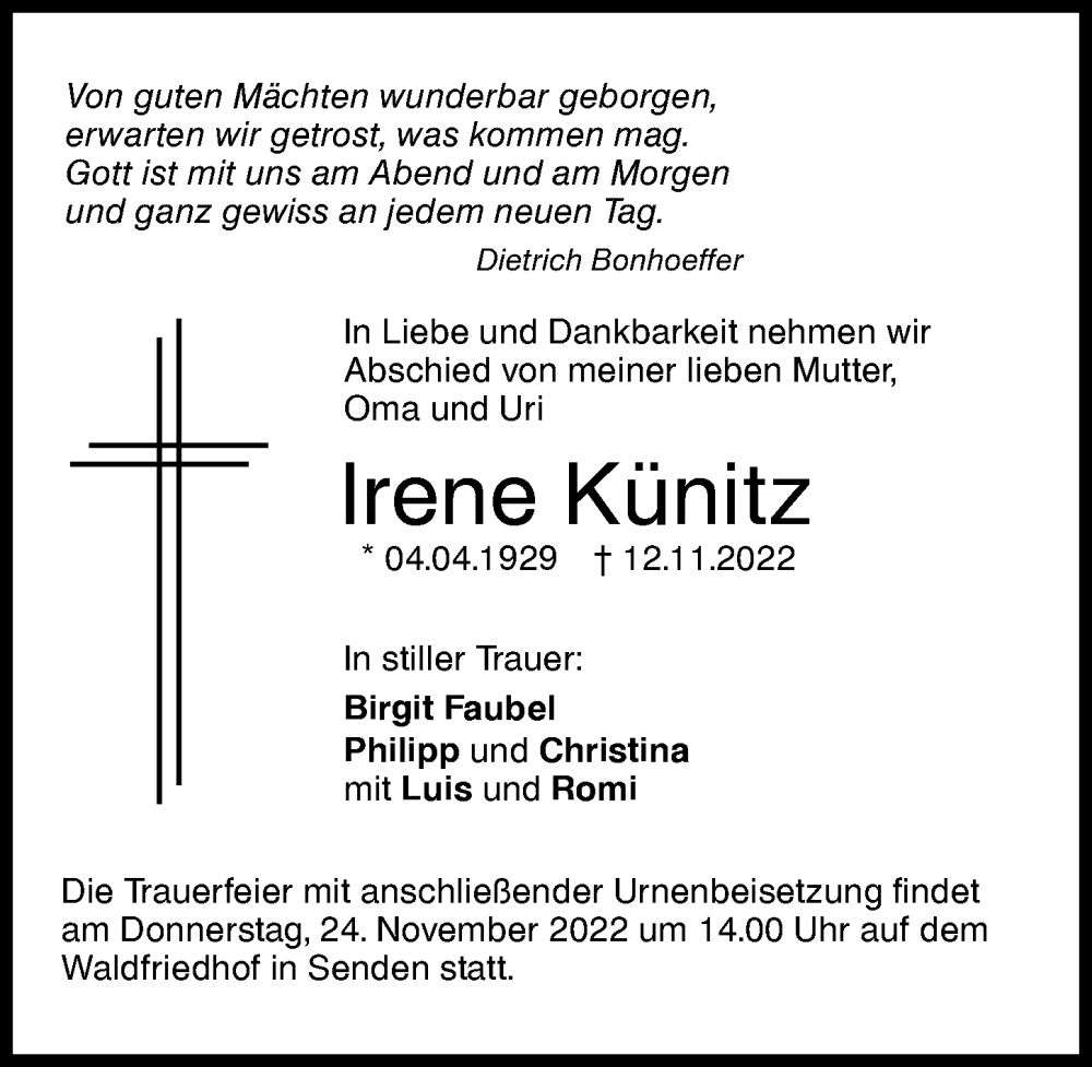  Traueranzeige für Irene Künitz vom 21.11.2022 aus Augsburger Allgemeine, Neu-Ulmer Zeitung