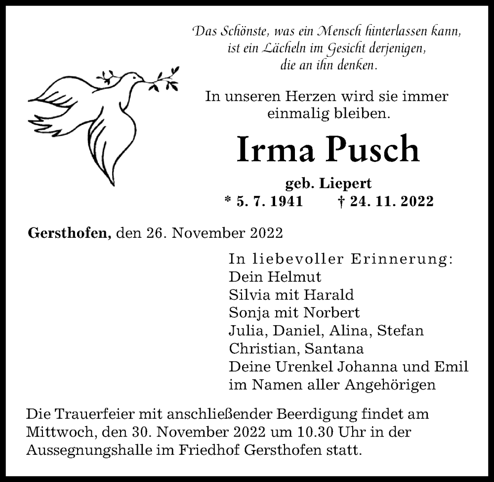  Traueranzeige für Irma Pusch vom 26.11.2022 aus Augsburger Allgemeine