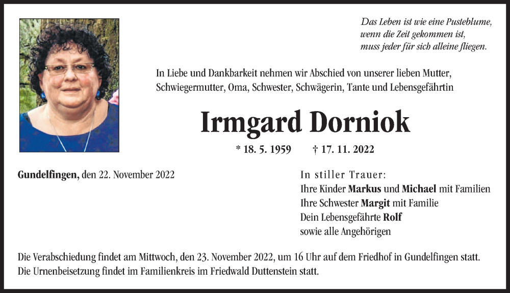  Traueranzeige für Irmgard Dorniok vom 22.11.2022 aus Donau Zeitung