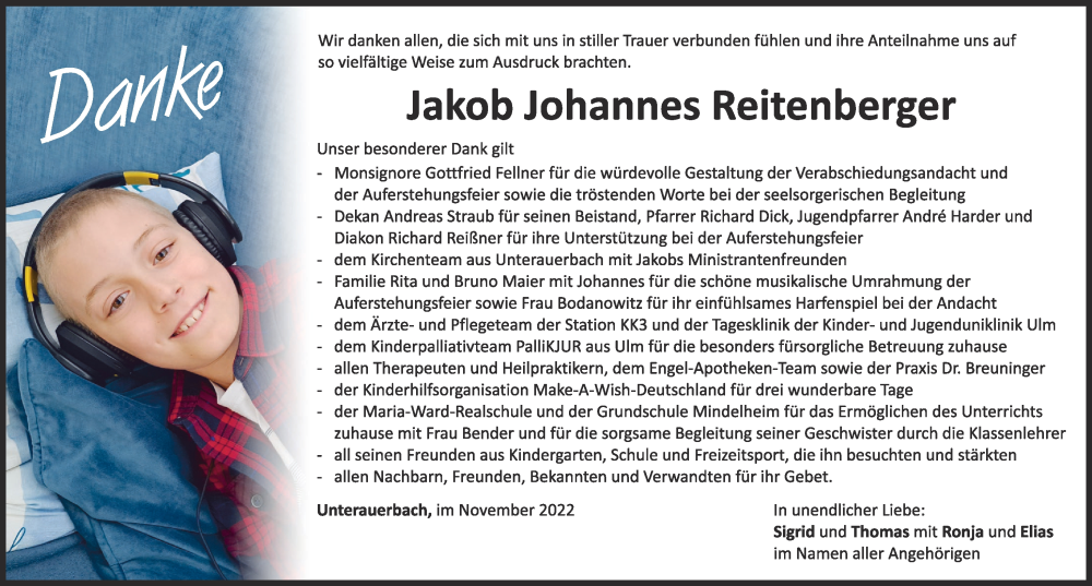  Traueranzeige für Jakob Johannes Reitenberger vom 26.11.2022 aus Mindelheimer Zeitung