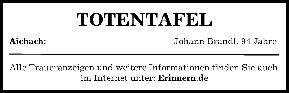  Traueranzeige für Johann Brandl vom 29.11.2022 aus Aichacher Nachrichten