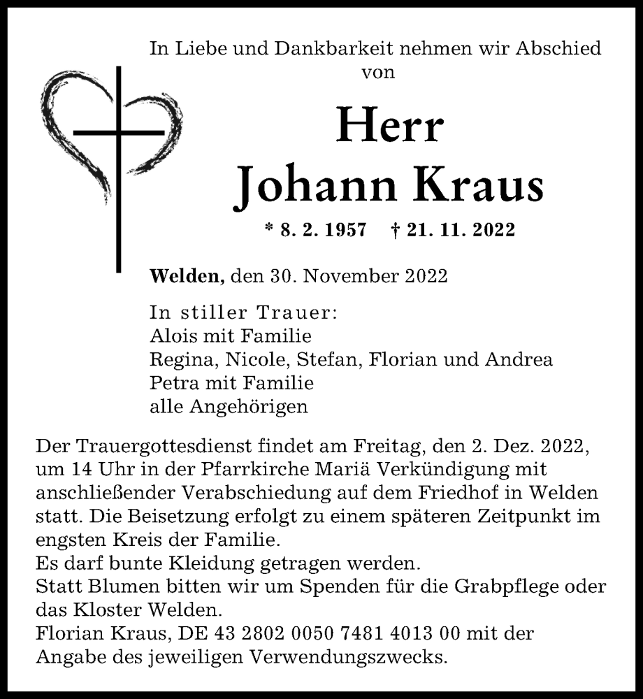 Traueranzeige von Johann Kraus von Augsburg-Land