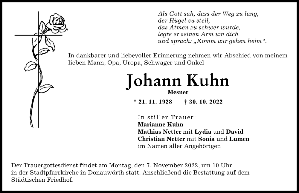 Traueranzeige von Johann Kuhn von Donauwörther Zeitung