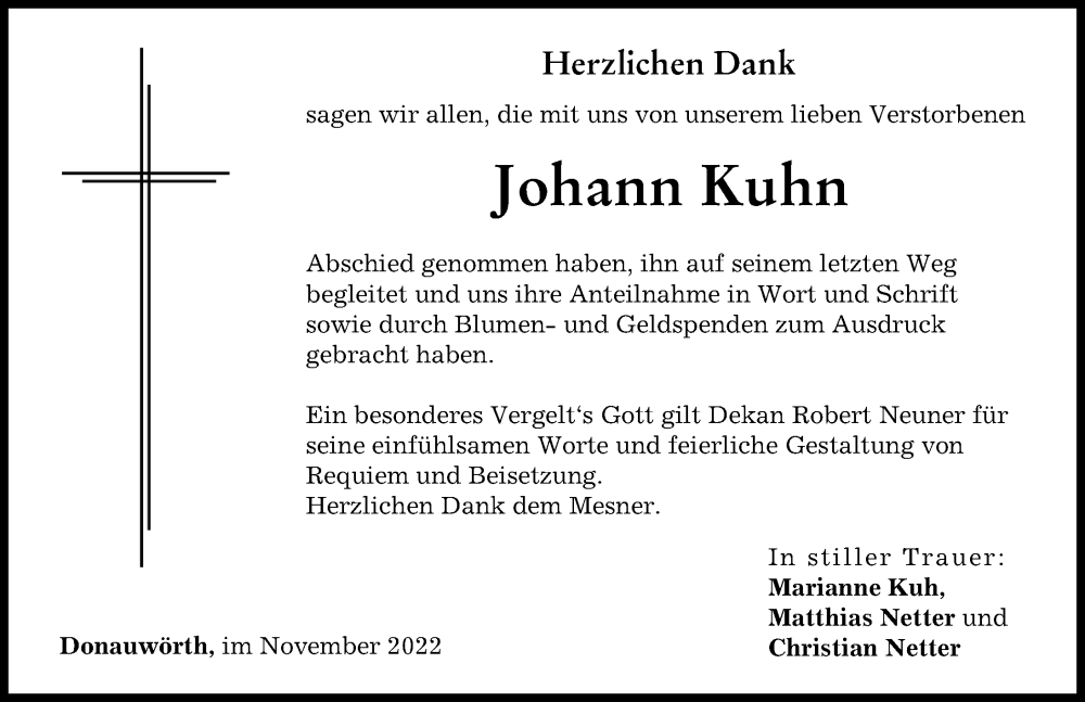 Traueranzeige von Johann Kuhn von Donauwörther Zeitung