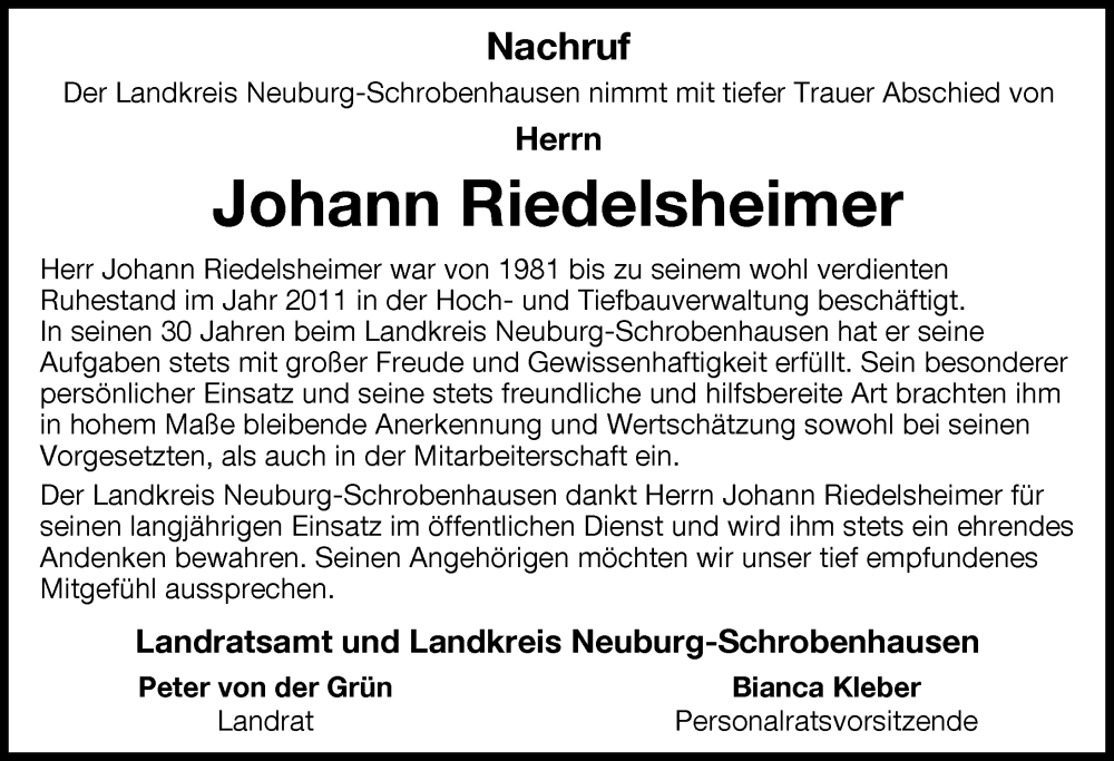  Traueranzeige für Johann Riedelsheimer vom 15.11.2022 aus Neuburger Rundschau