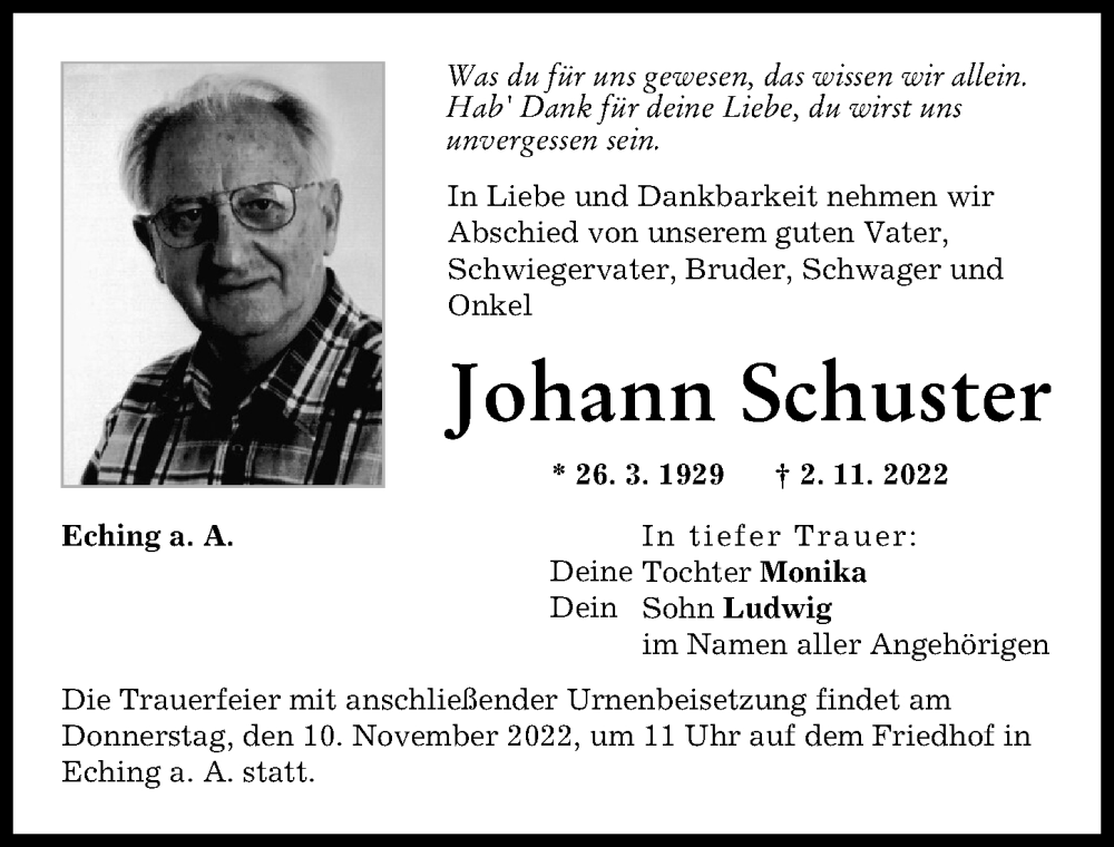 Traueranzeigen Von Johann Schuster | Augsburger Allgemeine Zeitung