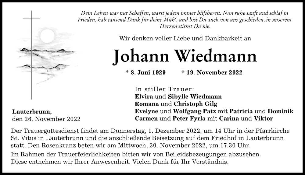  Traueranzeige für Johann Wiedmann vom 26.11.2022 aus Wertinger Zeitung, Augsburg-Land