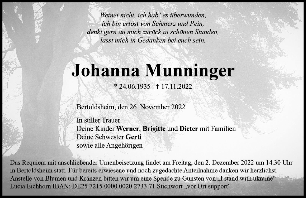  Traueranzeige für Johanna Munninger vom 26.11.2022 aus Neuburger Rundschau