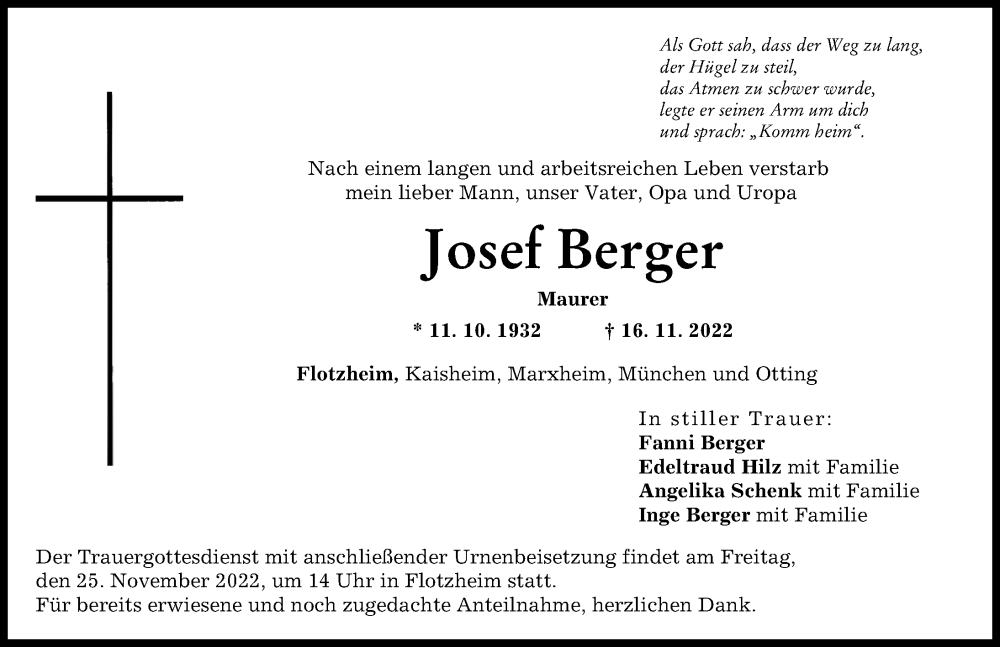  Traueranzeige für Josef Berger vom 22.11.2022 aus Donauwörther Zeitung