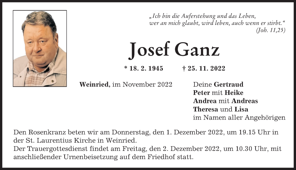  Traueranzeige für Josef Ganz vom 30.11.2022 aus Illertisser Zeitung