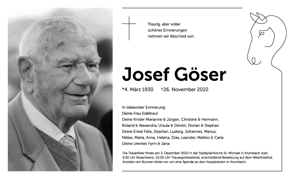  Traueranzeige für Josef Göser vom 01.12.2022 aus Mittelschwäbische Nachrichten