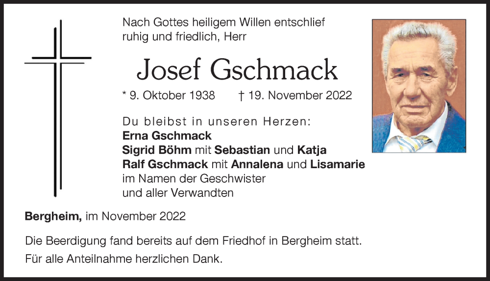  Traueranzeige für Josef Gschmack vom 26.11.2022 aus Neuburger Rundschau