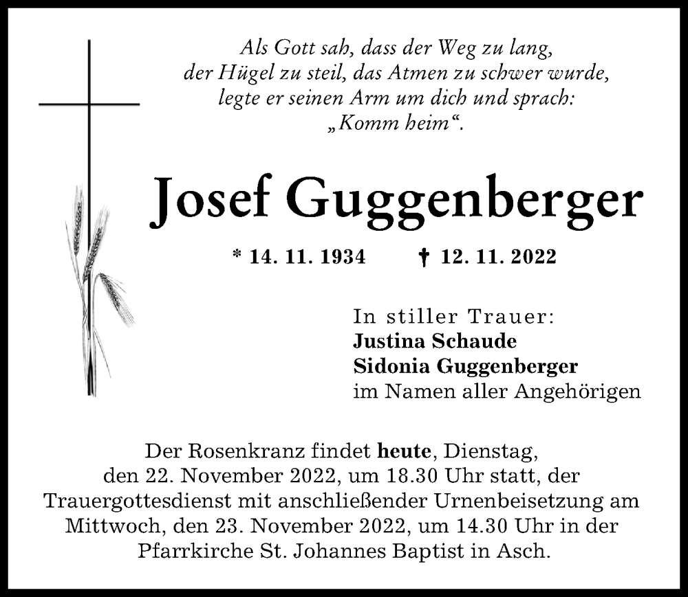  Traueranzeige für Josef Guggenberger vom 22.11.2022 aus Landsberger Tagblatt