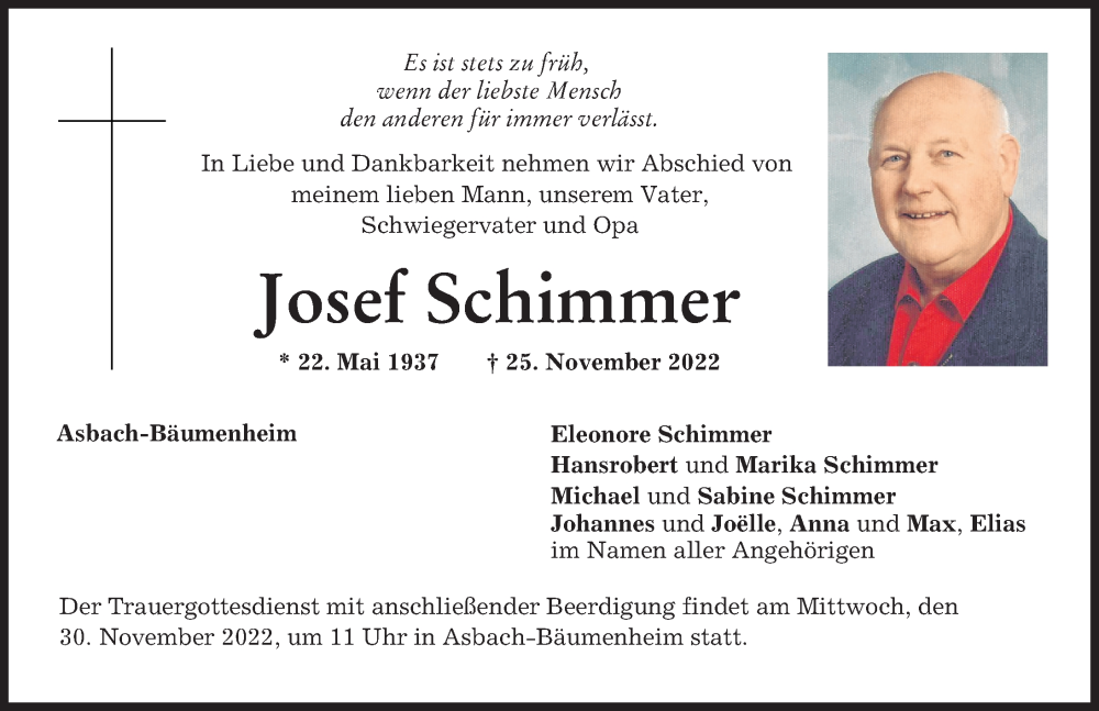  Traueranzeige für Josef Schimmer vom 26.11.2022 aus Donauwörther Zeitung