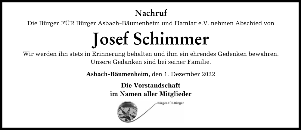  Traueranzeige für Josef Schimmer vom 01.12.2022 aus Donauwörther Zeitung