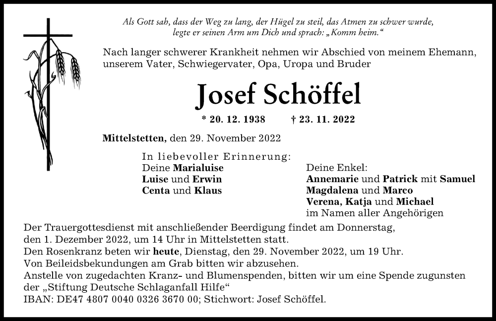  Traueranzeige für Josef Schöffel vom 29.11.2022 aus Schwabmünchner Allgemeine