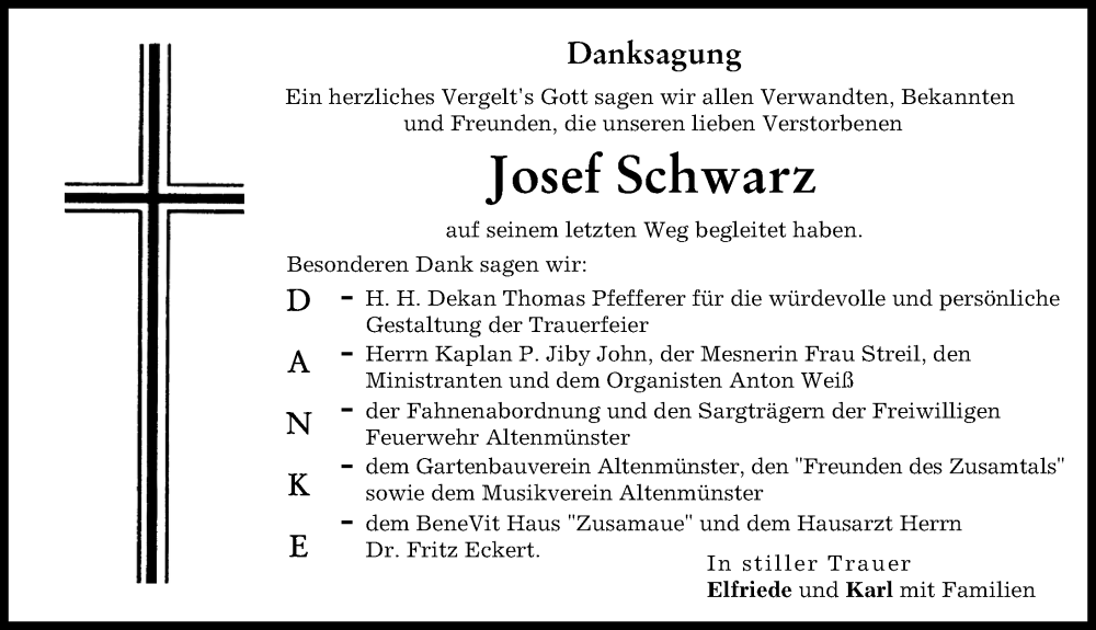 Traueranzeige von Josef Schwarz von Augsburg-Land