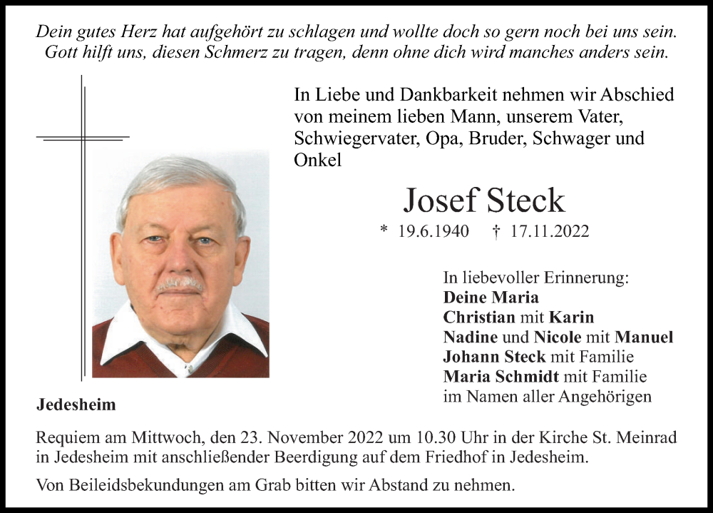  Traueranzeige für Josef Steck vom 21.11.2022 aus Illertisser Zeitung