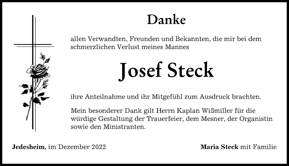  Traueranzeige für Josef Steck vom 01.12.2022 aus Illertisser Zeitung