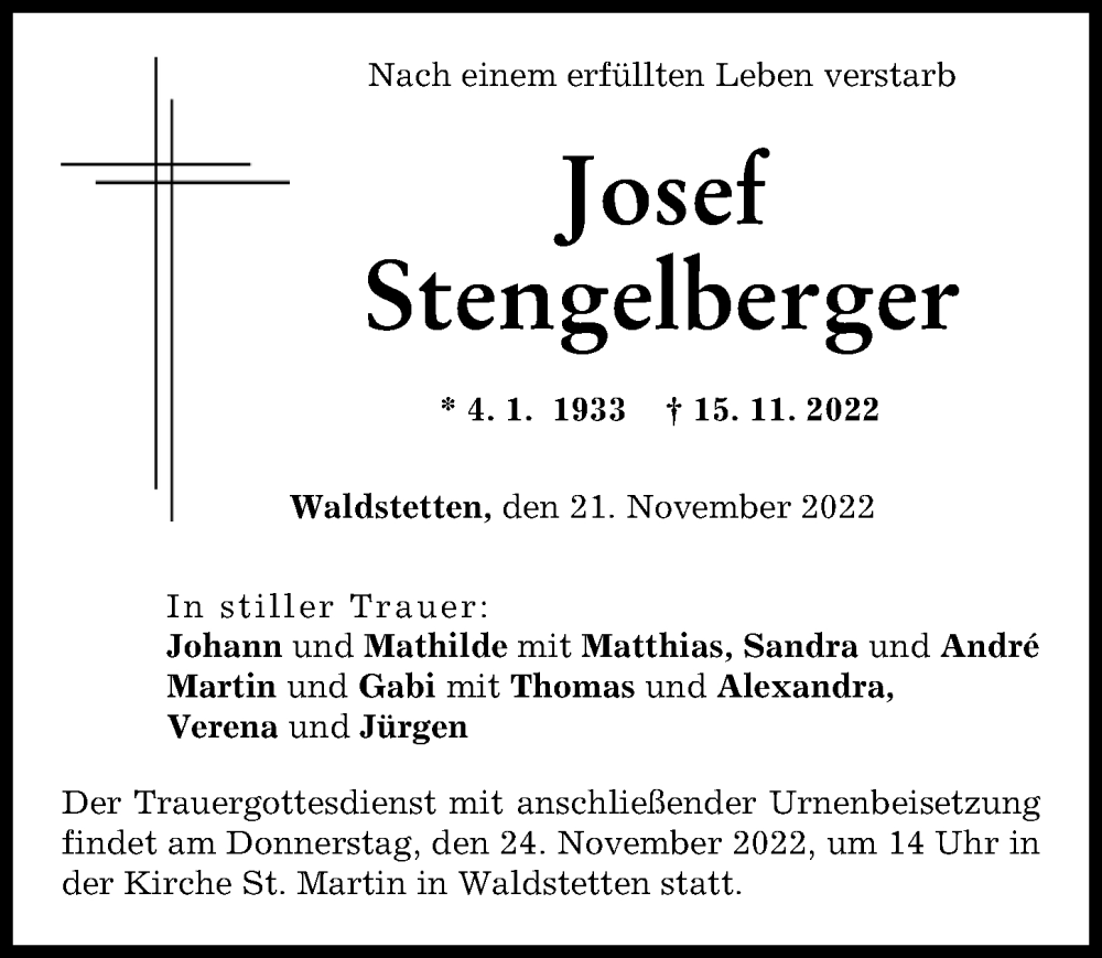  Traueranzeige für Josef Stengelberger vom 21.11.2022 aus Günzburger Zeitung
