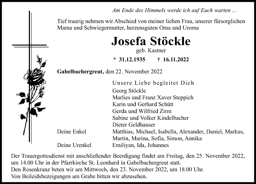  Traueranzeige für Josefa Stöckle vom 22.11.2022 aus Augsburg-Land