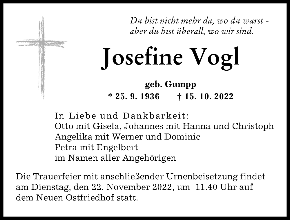  Traueranzeige für Josefine Vogl vom 19.11.2022 aus Augsburger Allgemeine
