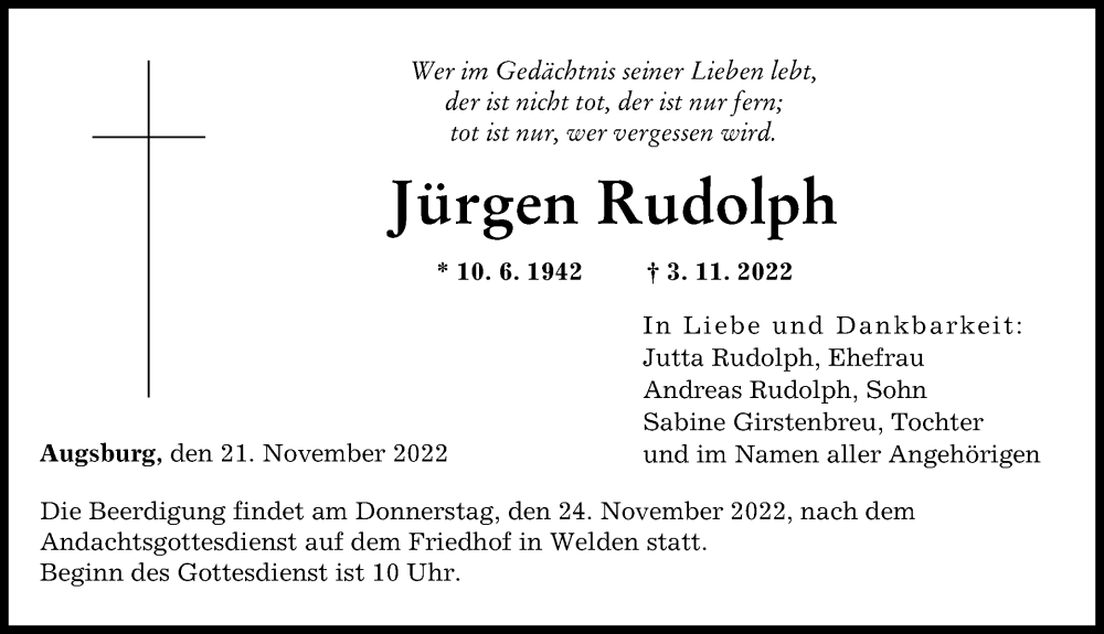 Traueranzeige von Jürgen Rudolph von Augsburger Allgemeine