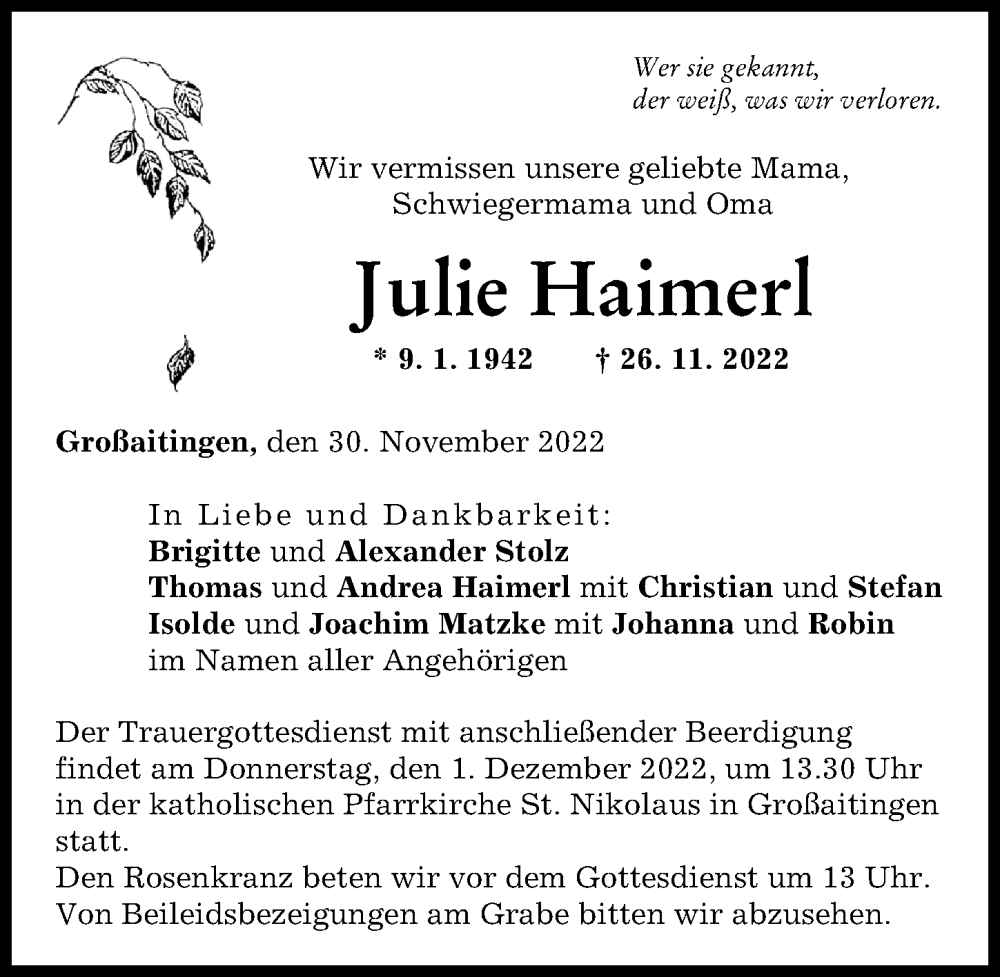  Traueranzeige für Julie Haimerl vom 30.11.2022 aus Schwabmünchner Allgemeine