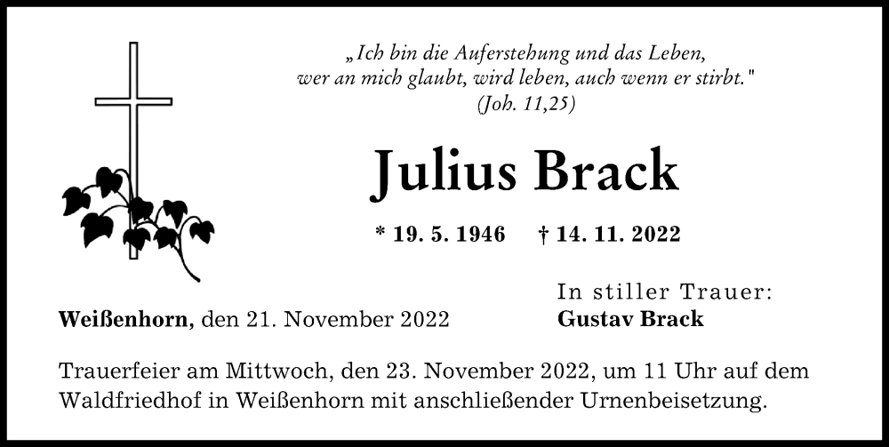  Traueranzeige für Julius Brack vom 21.11.2022 aus Neu-Ulmer Zeitung